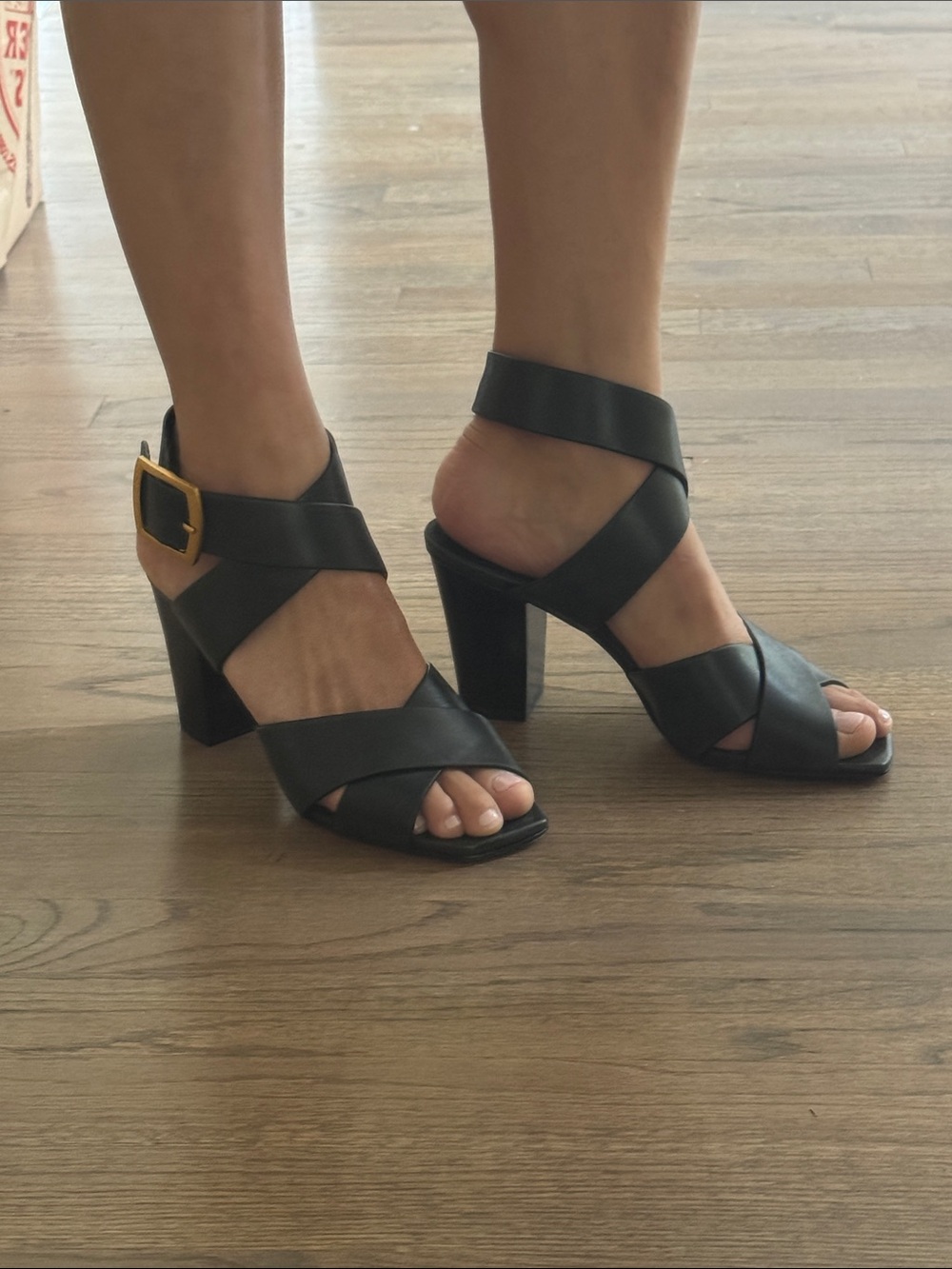 Classic Black Crisscross Block Heel Sandals with Ankle Buckle